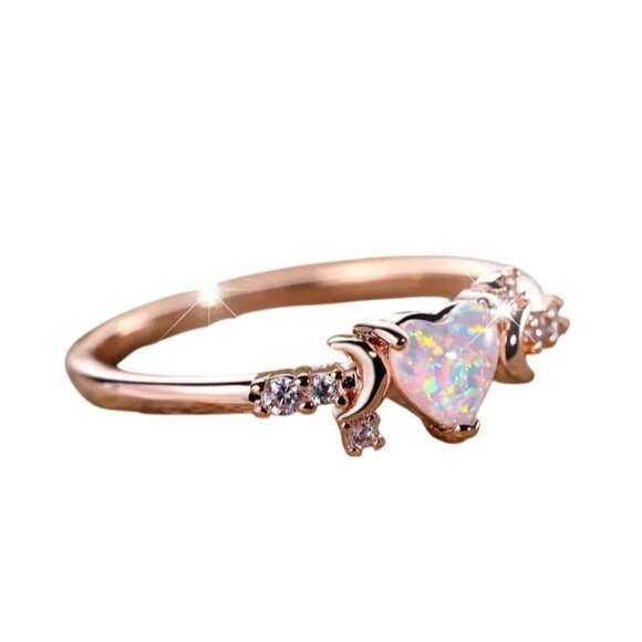 Ethiopian Heart White Fire Opal Engagement Ring October Birthstone 14K Gold - Picture 4 of 4